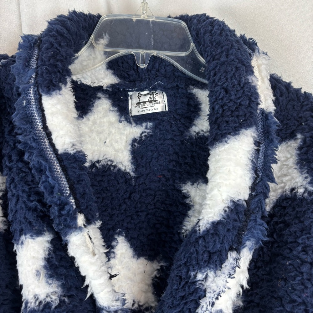 Handmade Cropped Fuzzy Navy Star 1 Button Jacket Elastic Waist and Cuffs - Picture 5 of 11